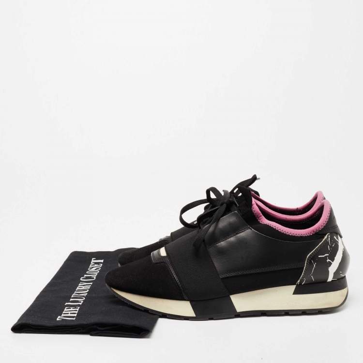 Pre Owned Balenciaga Black Leather And Suede Race Runner Sneakers Size 38
