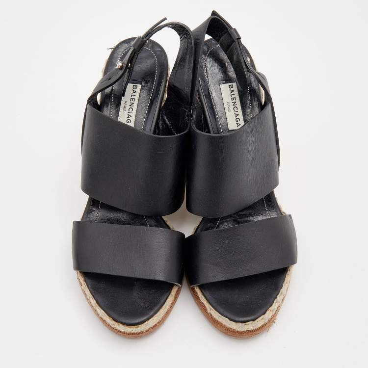 مملوكة مسبقًا Balenciaga Black Leather Espadrille Wedge Sandals Size 37