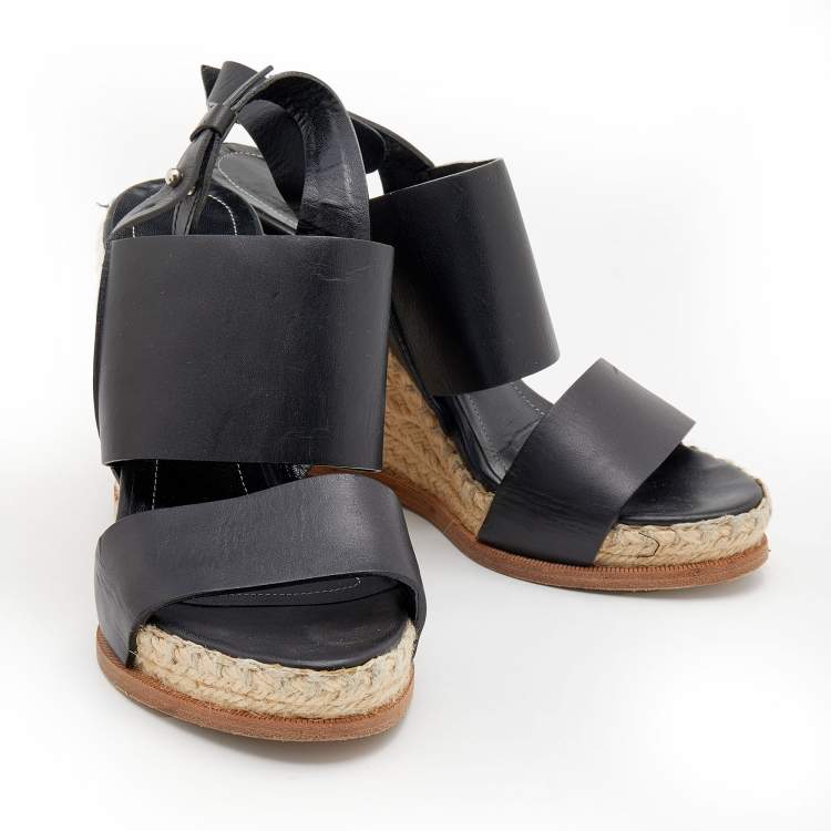 مملوكة مسبقًا Balenciaga Black Leather Espadrille Wedge Sandals Size 37
