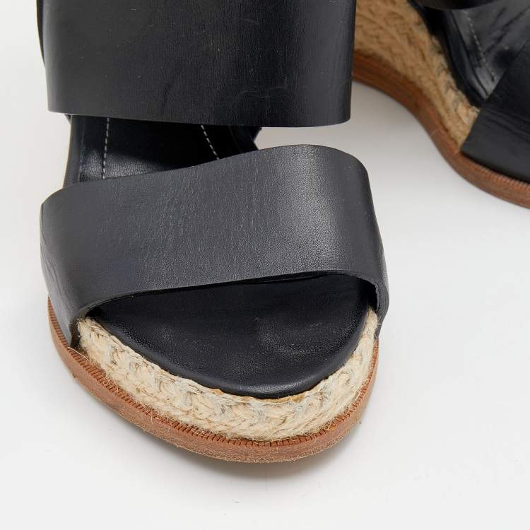 مملوكة مسبقًا Balenciaga Black Leather Espadrille Wedge Sandals Size 37