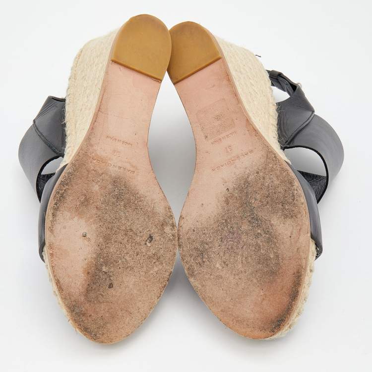 مملوكة مسبقًا Balenciaga Black Leather Espadrille Wedge Sandals Size 37