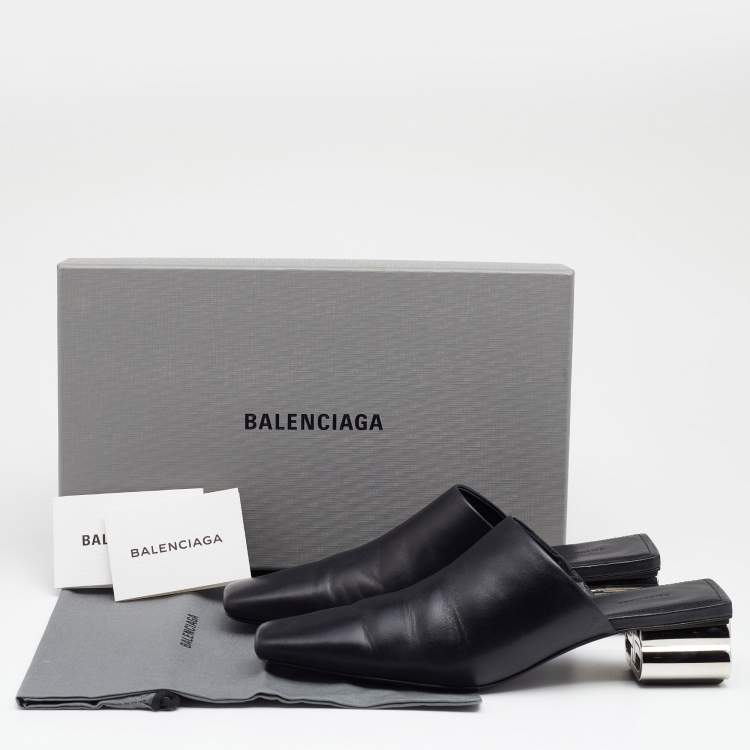 Pre Owned Balenciaga Black Leather Typo Chrome Heel Mules Size 39