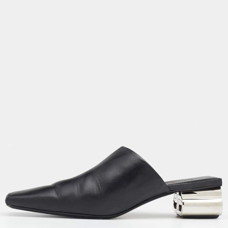 Pre Owned Balenciaga Black Leather Typo Chrome Heel Mules Size 39