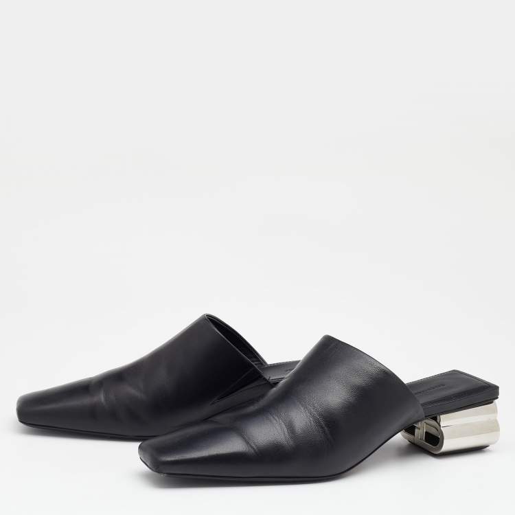 Pre Owned Balenciaga Black Leather Typo Chrome Heel Mules Size 39
