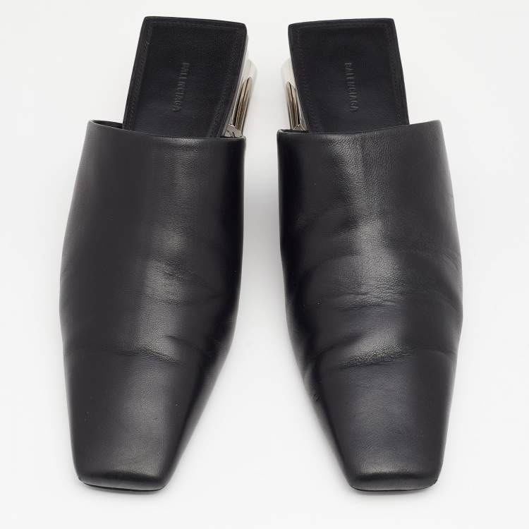Pre Owned Balenciaga Black Leather Typo Chrome Heel Mules Size 39