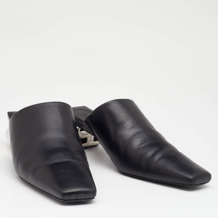 Pre Owned Balenciaga Black Leather Typo Chrome Heel Mules Size 39