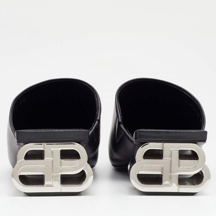 Pre Owned Balenciaga Black Leather Typo Chrome Heel Mules Size 39