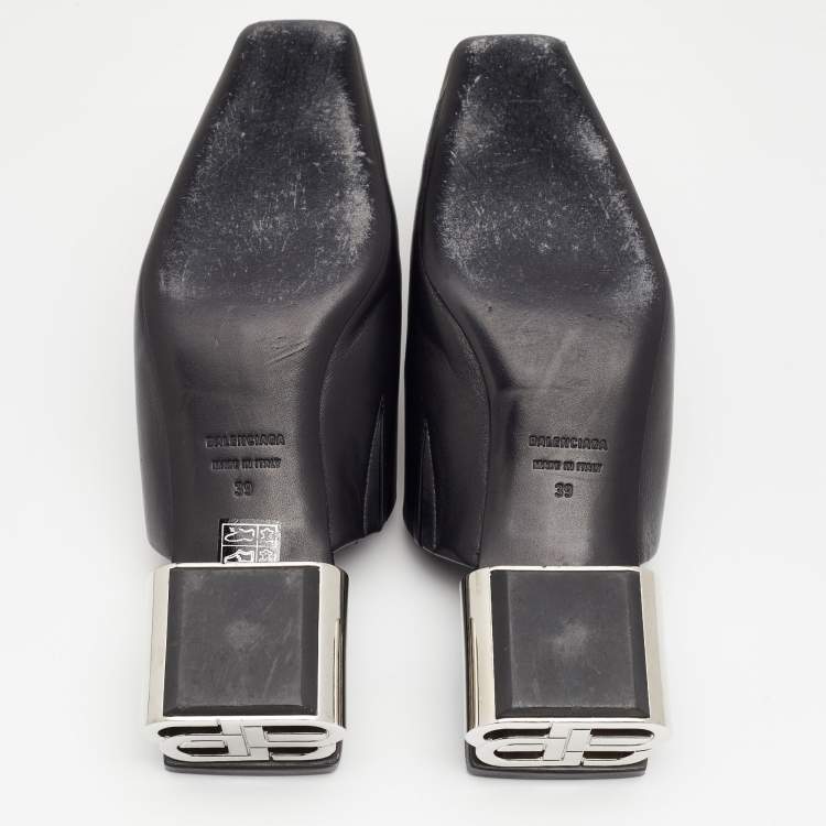 Pre Owned Balenciaga Black Leather Typo Chrome Heel Mules Size 39