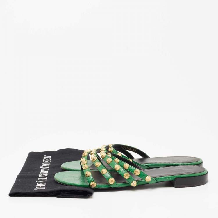 Pre Owned Balenciaga Green Studded Leather Flat Slides Size 41