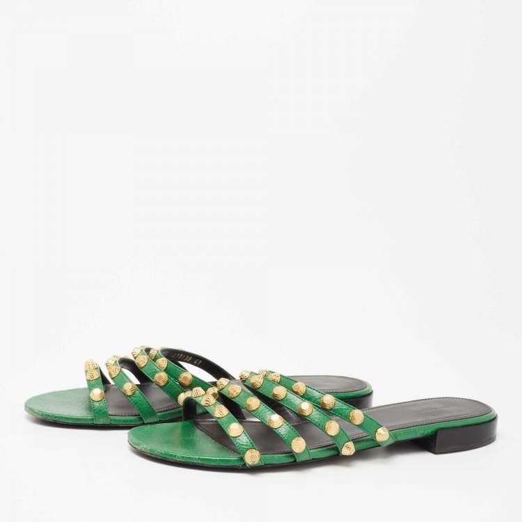 Pre Owned Balenciaga Green Studded Leather Flat Slides Size 41