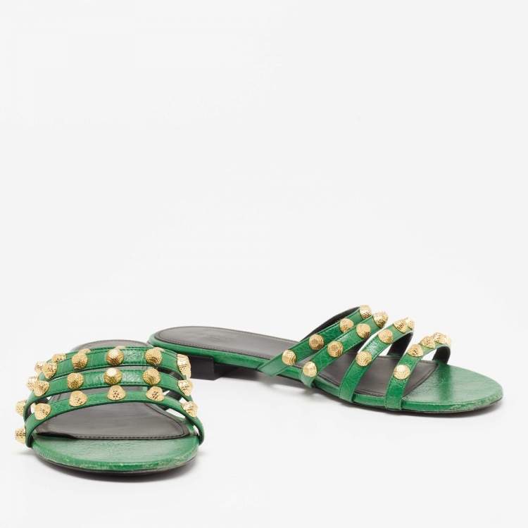 Pre Owned Balenciaga Green Studded Leather Flat Slides Size 41