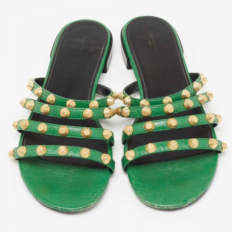Pre Owned Balenciaga Green Studded Leather Flat Slides Size 41