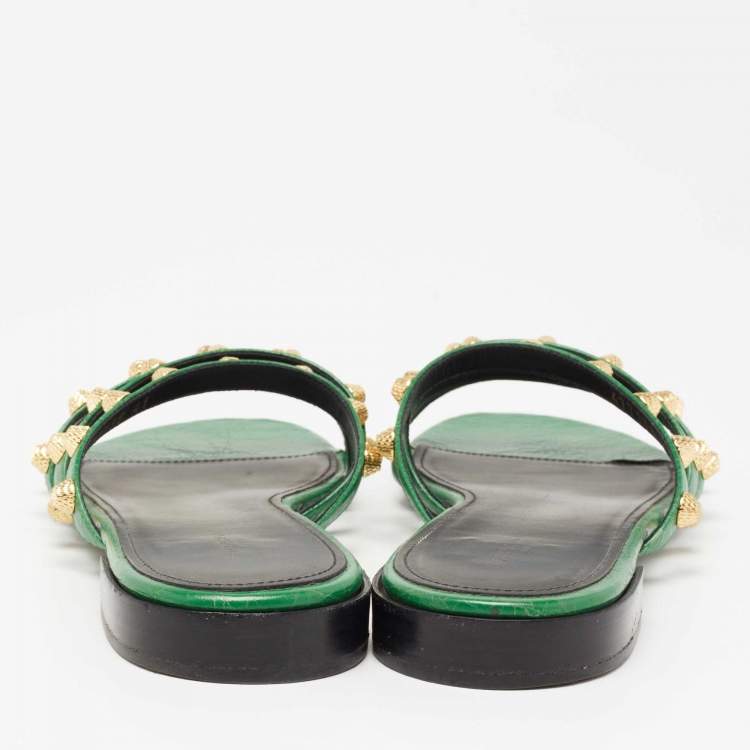 Pre Owned Balenciaga Green Studded Leather Flat Slides Size 41
