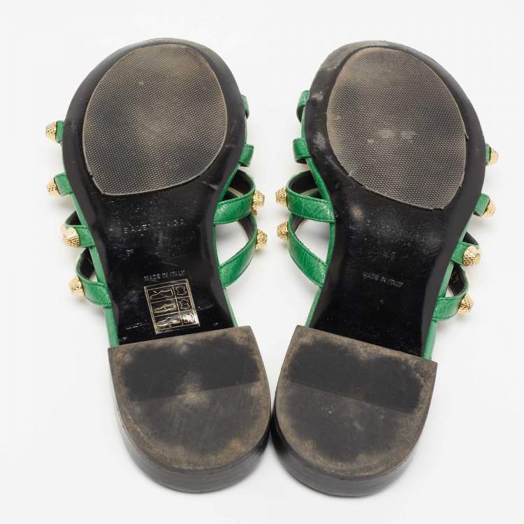 Pre Owned Balenciaga Green Studded Leather Flat Slides Size 41