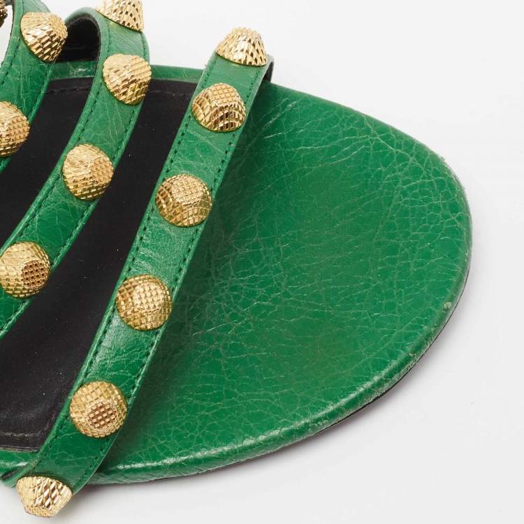 Pre Owned Balenciaga Green Studded Leather Flat Slides Size 41