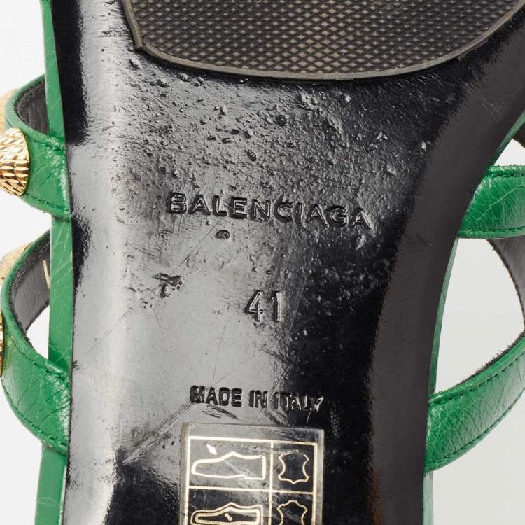 Pre Owned Balenciaga Green Studded Leather Flat Slides Size 41