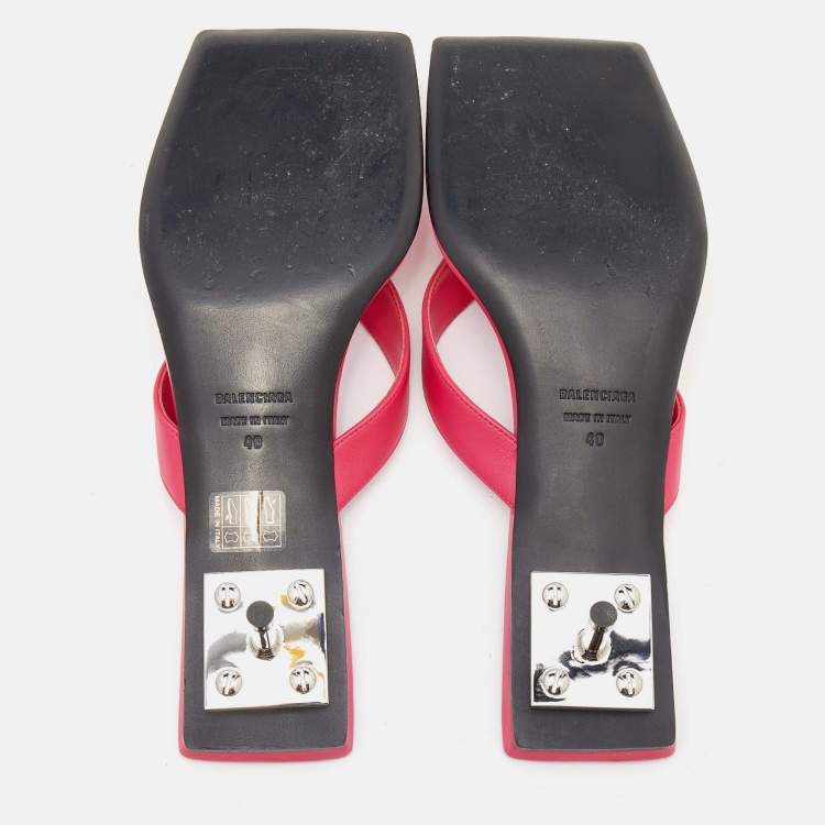 Pre Owned Balenciaga Pink Leather Thong Square Toe Slide Sandals Size 40