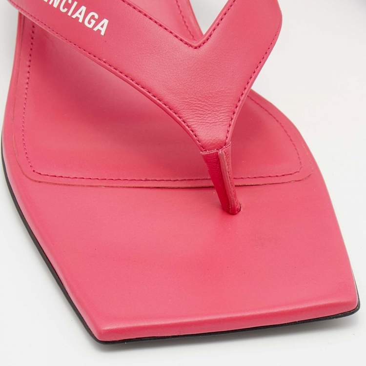Pre Owned Balenciaga Pink Leather Thong Square Toe Slide Sandals Size 40