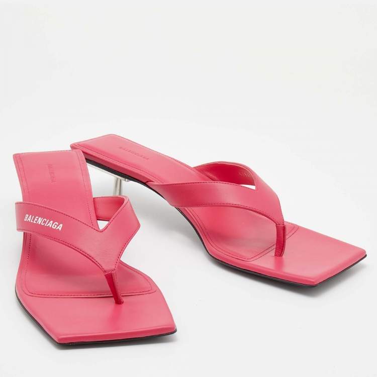 Pre Owned Balenciaga Pink Leather Thong Square Toe Slide Sandals Size 40