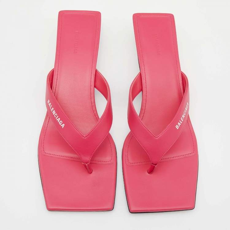 Pre Owned Balenciaga Pink Leather Thong Square Toe Slide Sandals Size 40