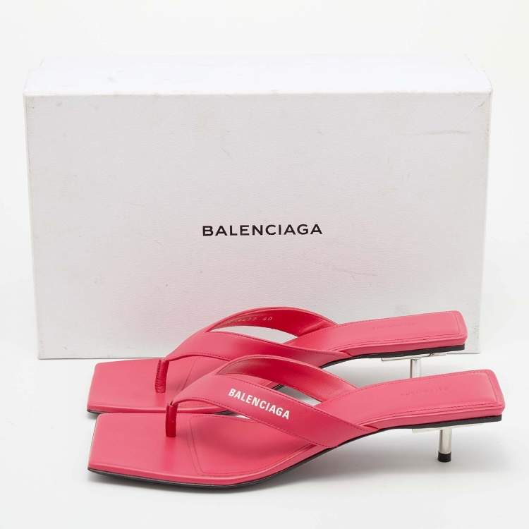 Pre Owned Balenciaga Pink Leather Thong Square Toe Slide Sandals Size 40