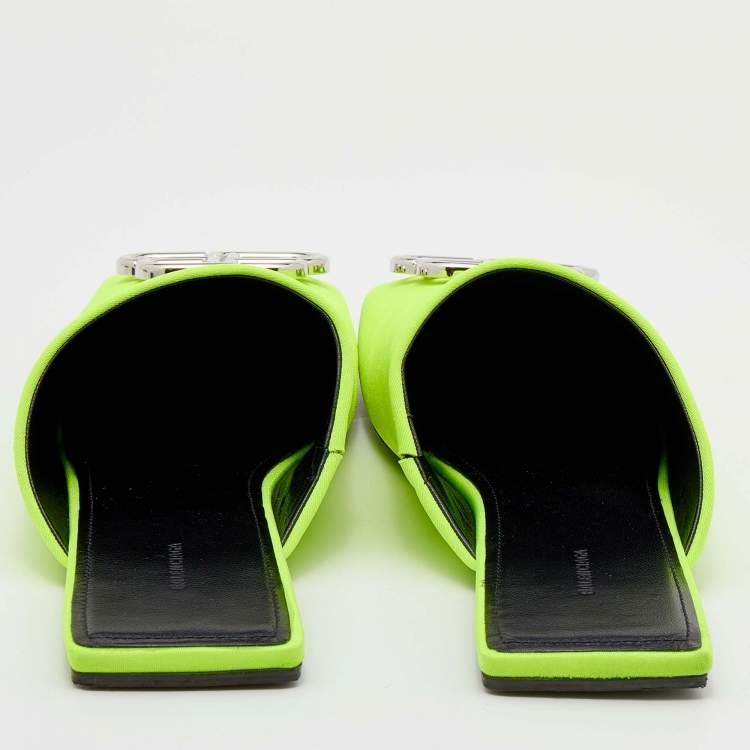 Pre Owned Balenciaga Neon Green Neoprene Cosy BB Flat Mules Size 40