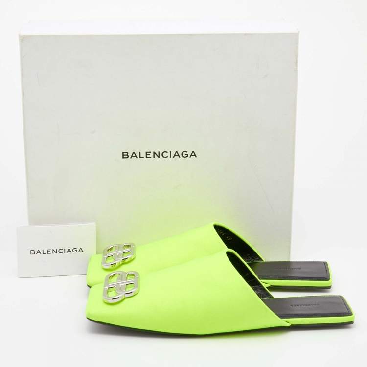Pre Owned Balenciaga Neon Green Neoprene Cosy BB Flat Mules Size 40