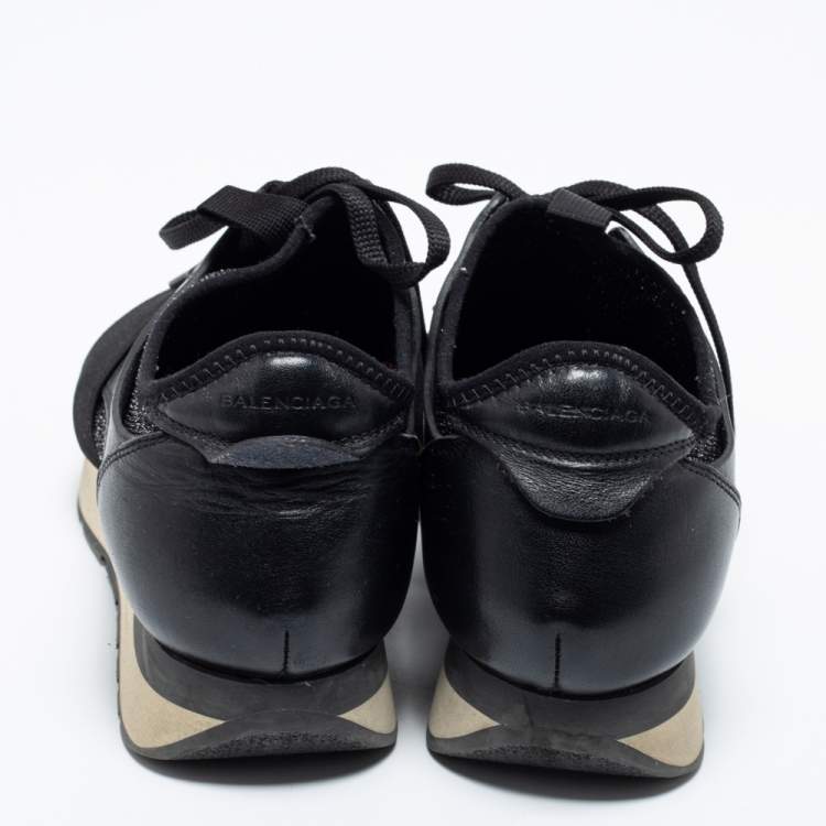 Pre Owned Balenciaga Black Glitter Fabric And Leather Race Runner Sneakers Size 38