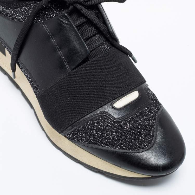 Pre Owned Balenciaga Black Glitter Fabric And Leather Race Runner Sneakers Size 38