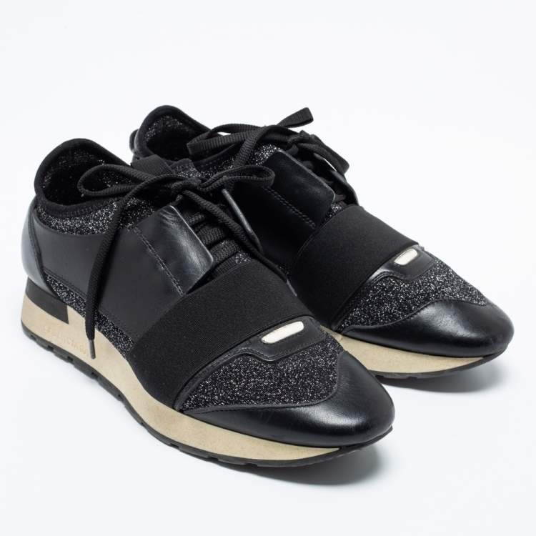 Pre Owned Balenciaga Black Glitter Fabric And Leather Race Runner Sneakers Size 38
