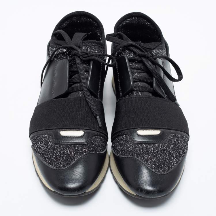 Pre Owned Balenciaga Black Glitter Fabric And Leather Race Runner Sneakers Size 38