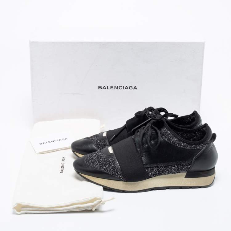 Pre Owned Balenciaga Black Glitter Fabric And Leather Race Runner Sneakers Size 38
