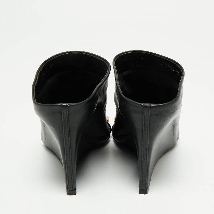 Pre Owned Balenciaga Black Leather Studded Arena Wedge Mules Size 37