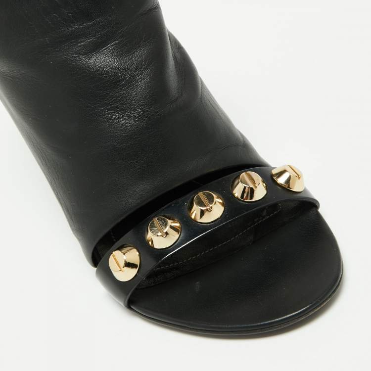 Pre Owned Balenciaga Black Leather Studded Arena Wedge Mules Size 37