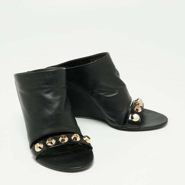 Pre Owned Balenciaga Black Leather Studded Arena Wedge Mules Size 37