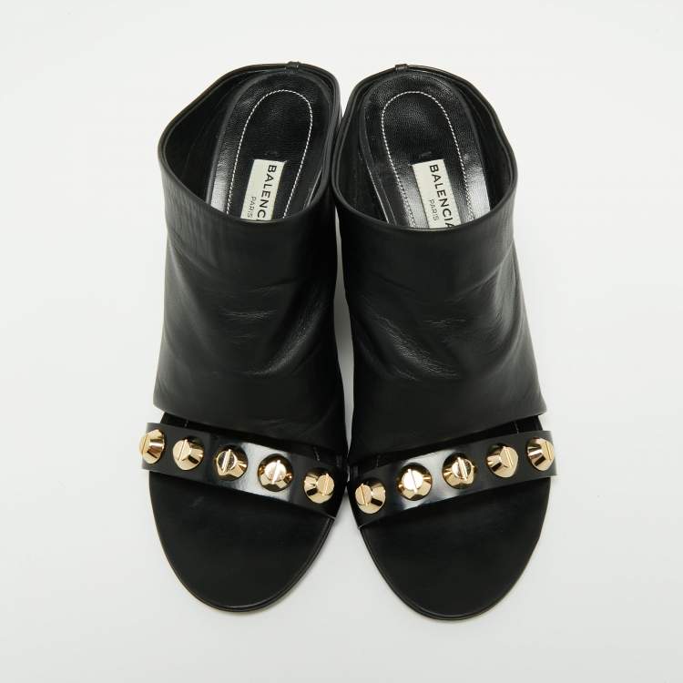 Pre Owned Balenciaga Black Leather Studded Arena Wedge Mules Size 37