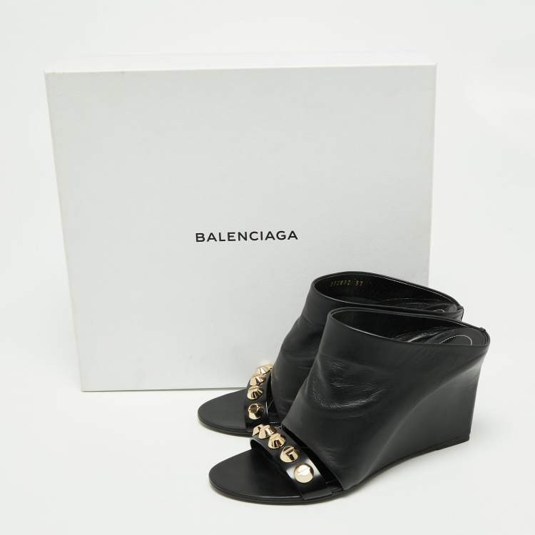 Pre Owned Balenciaga Black Leather Studded Arena Wedge Mules Size 37