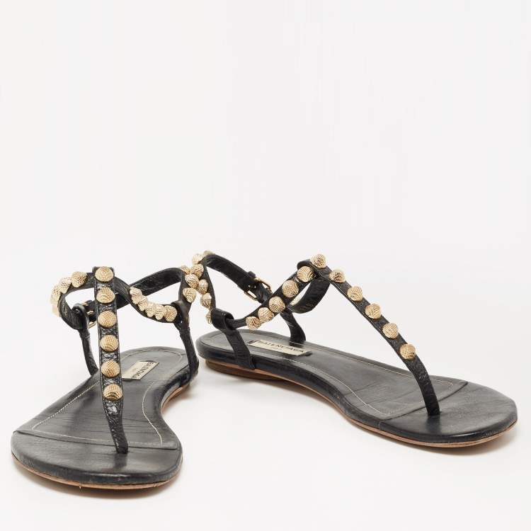 Pre Owned Balenciaga Black Leather Studded Arena Flat Thong Sandals Size 38
