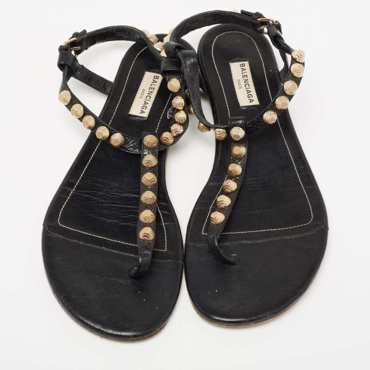 Pre Owned Balenciaga Black Leather Studded Arena Flat Thong Sandals Size 38