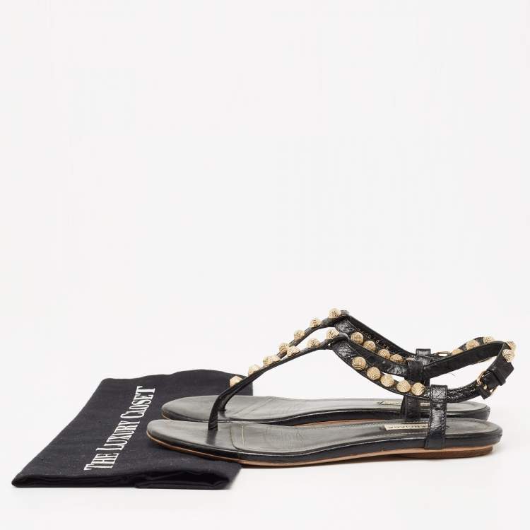 Pre Owned Balenciaga Black Leather Studded Arena Flat Thong Sandals Size 38