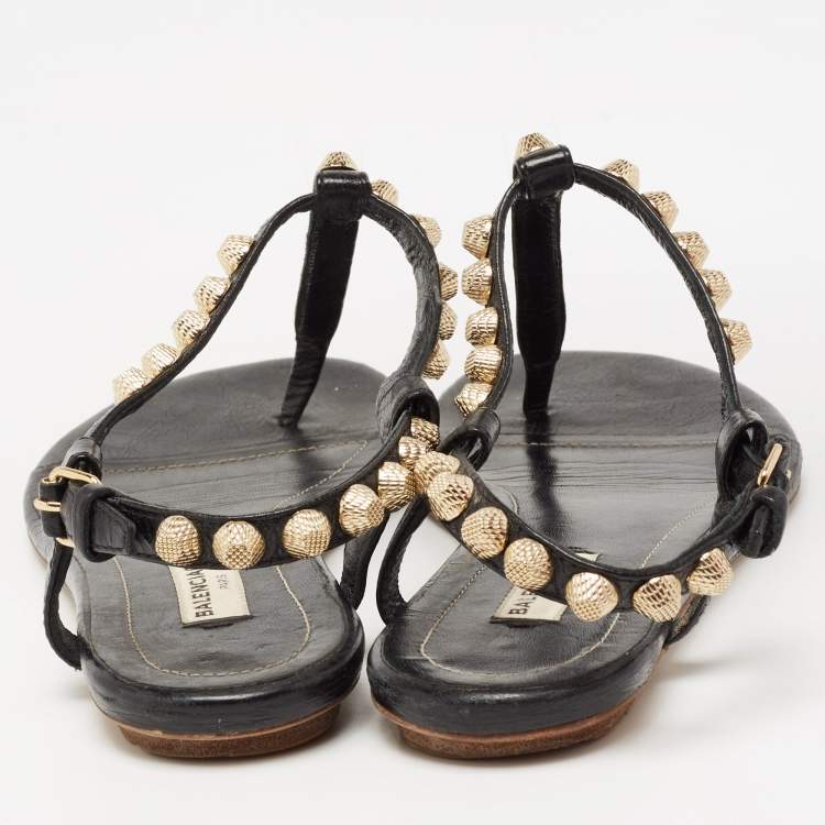 Pre Owned Balenciaga Black Leather Studded Arena Flat Thong Sandals Size 38