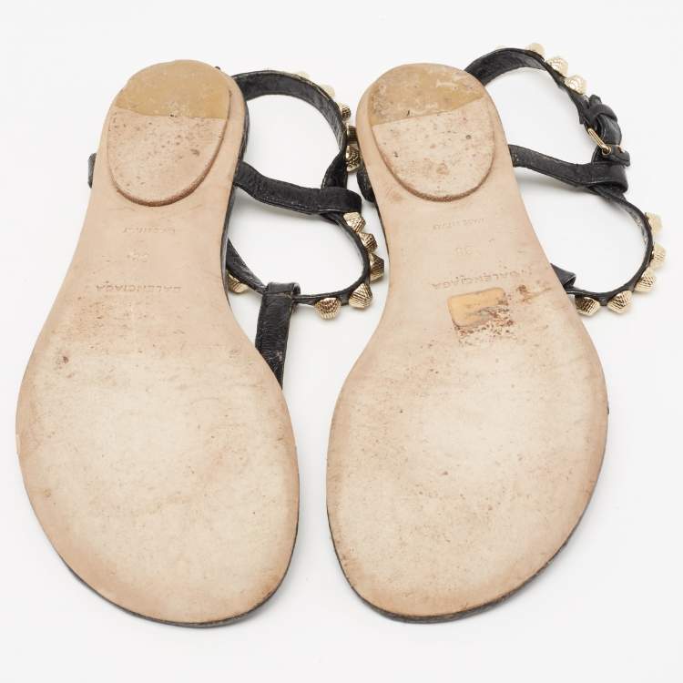 Pre Owned Balenciaga Black Leather Studded Arena Flat Thong Sandals Size 38