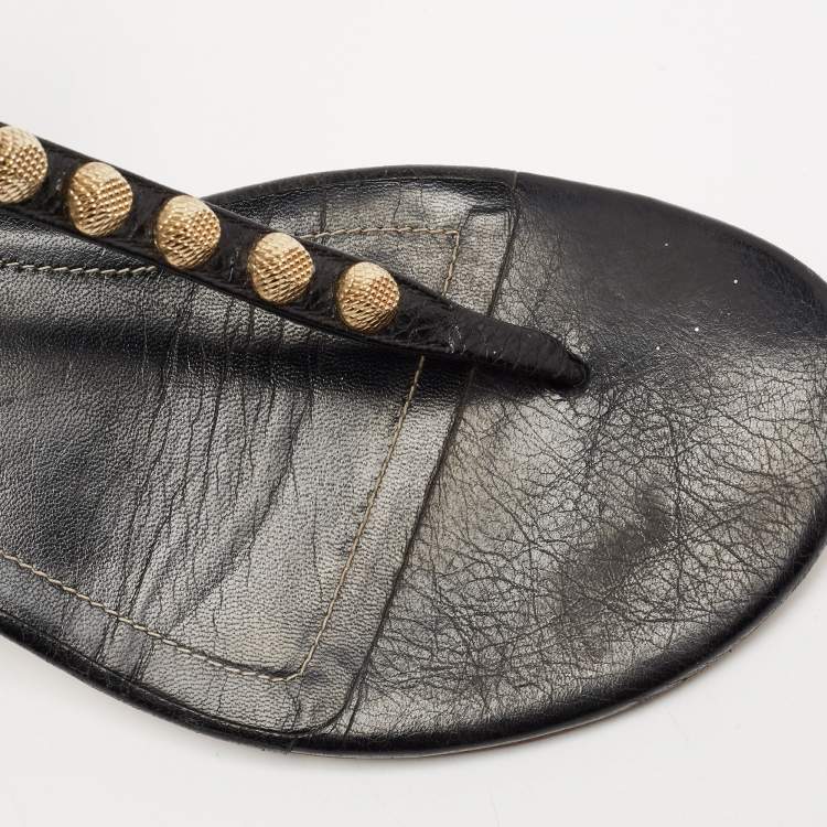 Pre Owned Balenciaga Black Leather Studded Arena Flat Thong Sandals Size 38