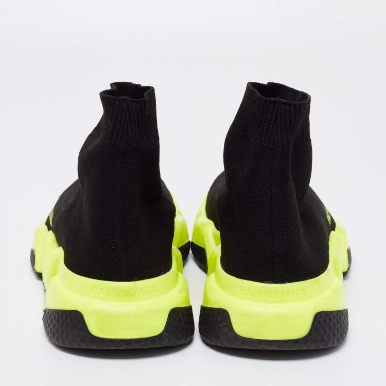 Pre Owned Balenciaga Black/Neon Green Knit Fabric Speed Trainer Sock Sneakers Size 37