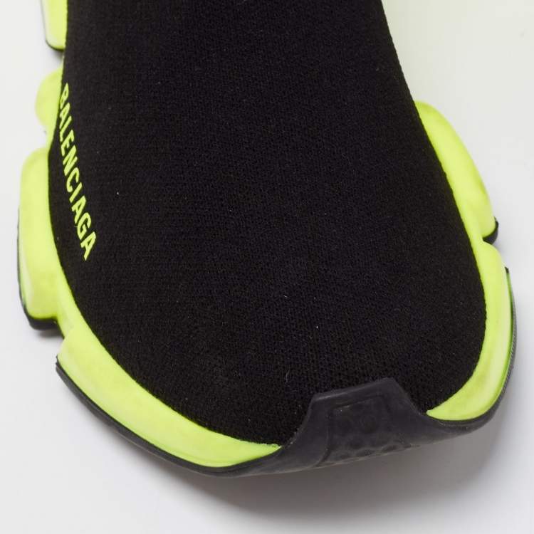 Pre Owned Balenciaga Black/Neon Green Knit Fabric Speed Trainer Sock Sneakers Size 37