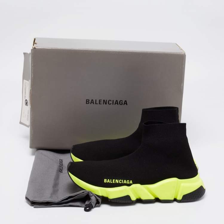 Pre Owned Balenciaga Black/Neon Green Knit Fabric Speed Trainer Sock Sneakers Size 37