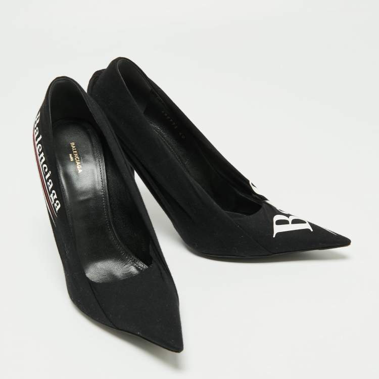Pre Owned Balenciaga Black Pleated Fabric and Leather Logo Knife Pumps Size 40