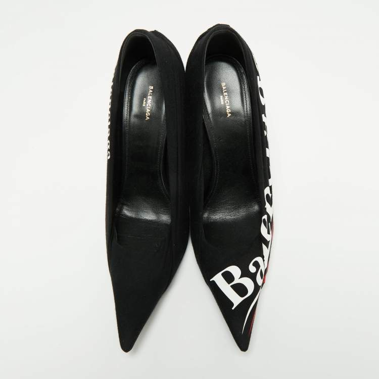 Pre Owned Balenciaga Black Pleated Fabric and Leather Logo Knife Pumps Size 40