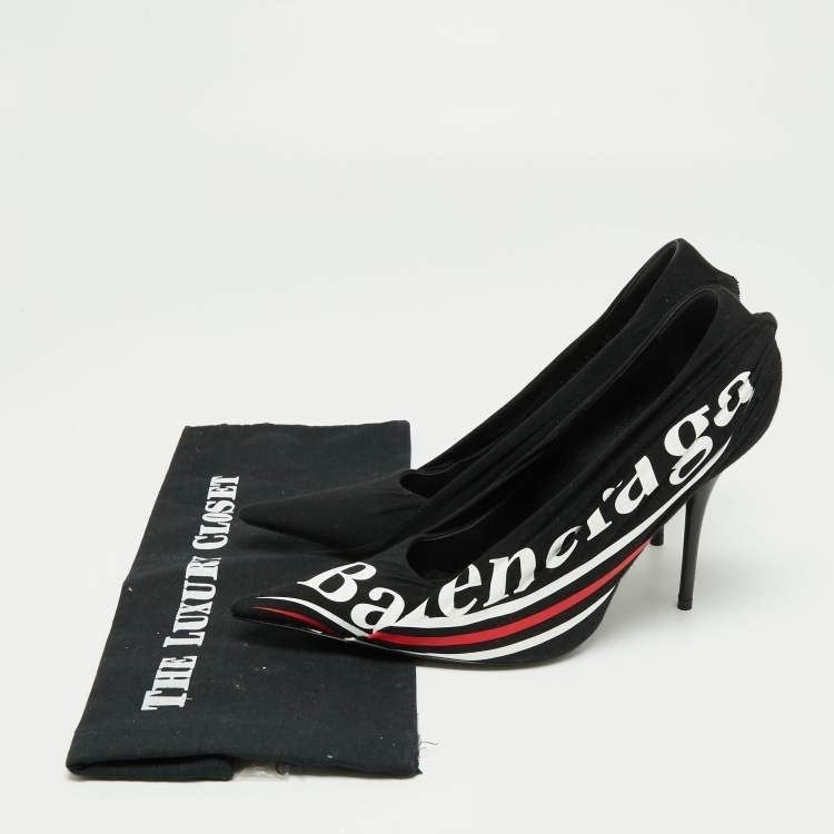 Pre Owned Balenciaga Black Pleated Fabric and Leather Logo Knife Pumps Size 40