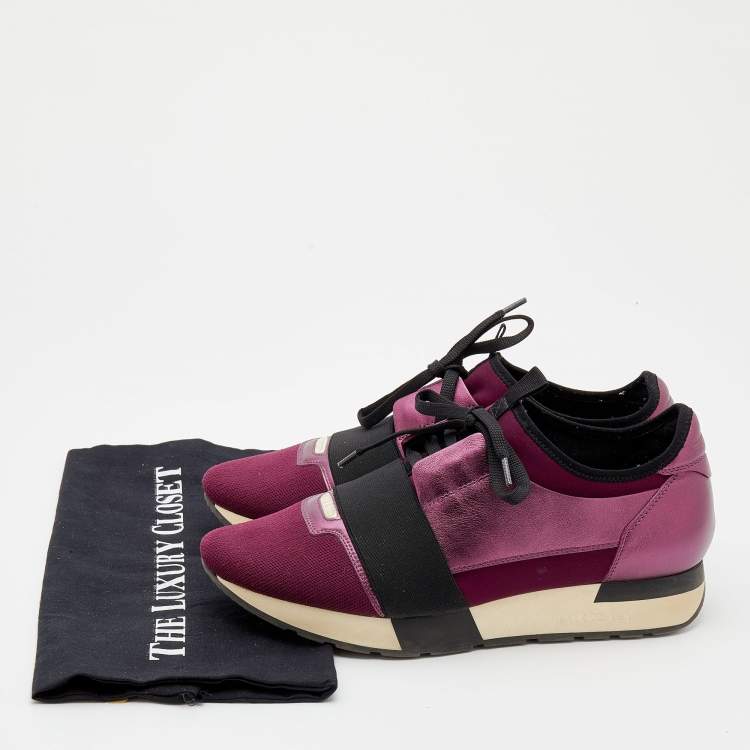 Pre Owned Balenciaga Purple/Black Neoprene And Leather Race Runner Sneakers Size 40